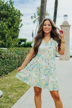 BuddyLove Ronnie Ruffle Sleeve Short Dress - Citron Marble