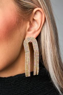Rhinestone Chain Drop Earrings - Iridescent