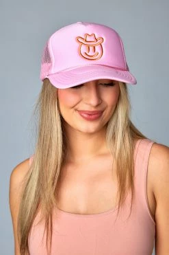 Cowboy Happy Face Trucker Hat - Light Pink