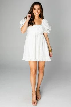BuddyLove Valentina Puff Sleeve Babydoll Dress - White Eyelet -US Skirt Sales Store CG4509ValentinaWhiteEyeletFrontFull