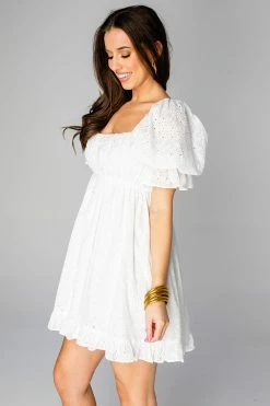 BuddyLove Valentina Puff Sleeve Babydoll Dress - White Eyelet -US Skirt Sales Store CG4509ValentinaWhiteEyeletSide
