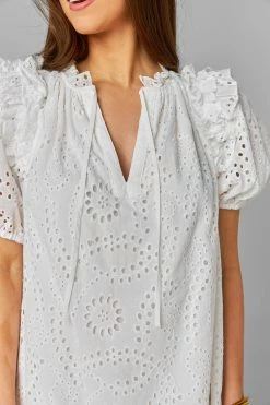 BuddyLove Kelly Puff Sleeve Mini Dress - White Eyelet -US Skirt Sales Store CG4593KellyWhiteEyeletCloseFront