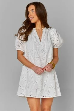 BuddyLove Kelly Puff Sleeve Mini Dress - White Eyelet -US Skirt Sales Store CG4593KellyWhiteEyeletFront