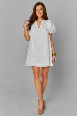 BuddyLove Kelly Puff Sleeve Mini Dress - White Eyelet -US Skirt Sales Store CG4593KellyWhiteEyeletFull