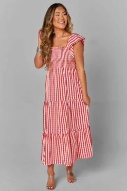 BuddyLove Brynn Ruffle Shoulder Midi Dress - Red Checker -US Skirt Sales Store CG4601BrynnRedCheckerFront3