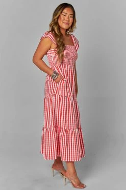BuddyLove Brynn Ruffle Shoulder Midi Dress - Red Checker -US Skirt Sales Store CG4601BrynnRedCheckerSide