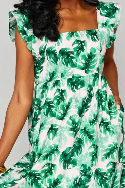 BuddyLove Anastasia Ruffle Shoulder Midi Dress - Palm Pretty -US Skirt Sales Store CG4618AnastasiaPalmPrettyCloseFront