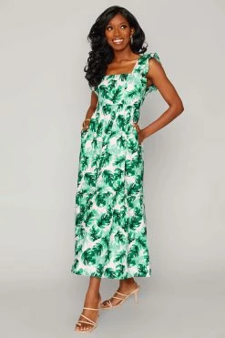 BuddyLove Anastasia Ruffle Shoulder Midi Dress - Palm Pretty -US Skirt Sales Store CG4618AnastasiaPalmPrettyFront