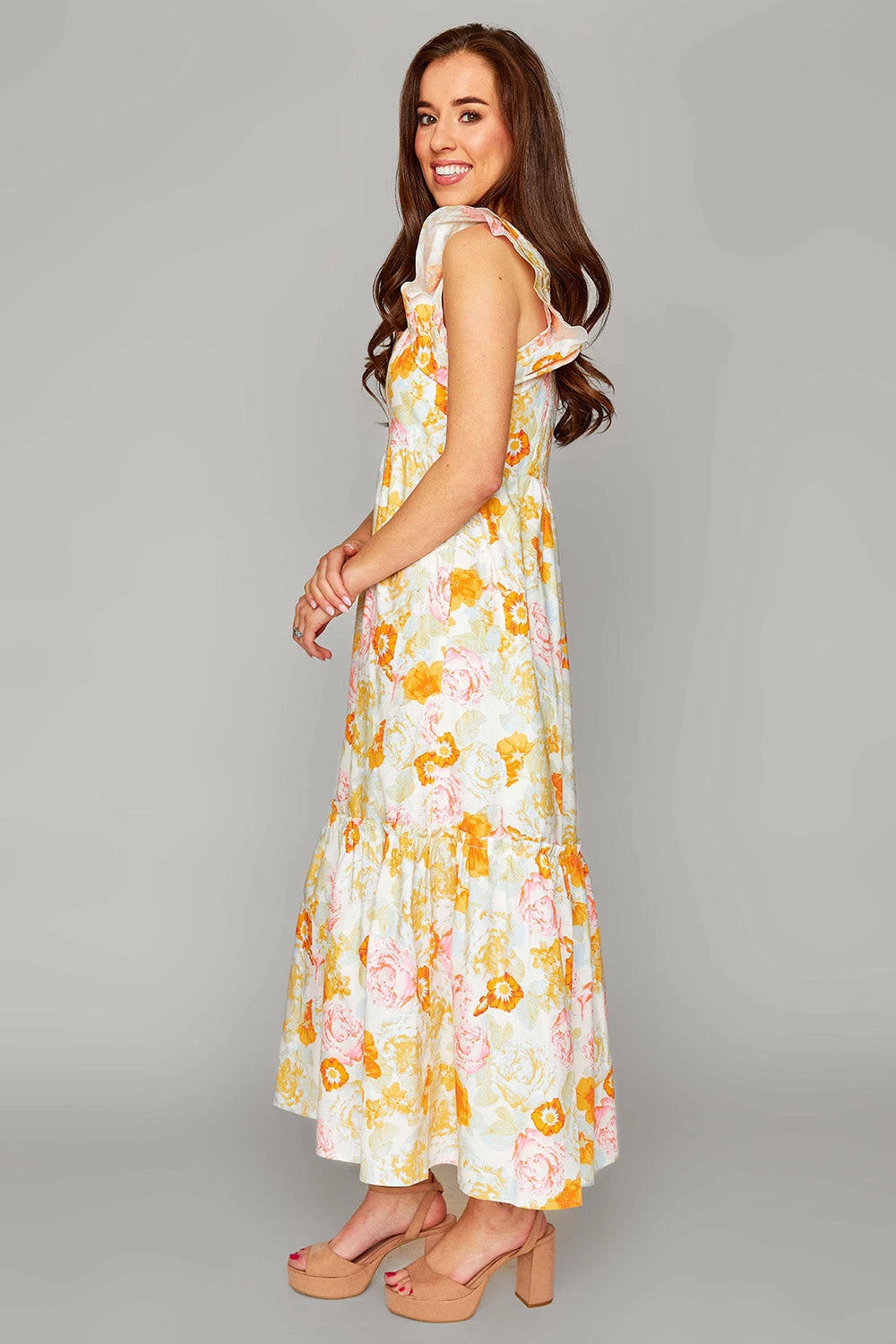 BuddyLove Anastasia Ruffle Shoulder Midi Dress - Creamsicle 6 BuddyLove Anastasia Ruffle Shoulder Midi Dress - Creamsicle - Image 4