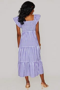 BuddyLove Brynn Ruffle Shoulder Midi Dress - Purple Checker -US Skirt Sales Store CG4699BrynnPurpleCheckerBack