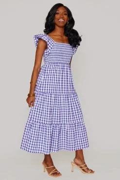 BuddyLove Brynn Ruffle Shoulder Midi Dress - Purple Checker -US Skirt Sales Store CG4699BrynnPurpleCheckerFront