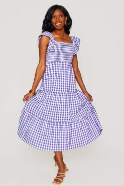 BuddyLove Brynn Ruffle Shoulder Midi Dress - Purple Checker -US Skirt Sales Store CG4699BrynnPurpleCheckerFullFront2