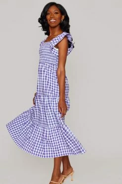 BuddyLove Brynn Ruffle Shoulder Midi Dress - Purple Checker -US Skirt Sales Store CG4699BrynnPurpleCheckerSide