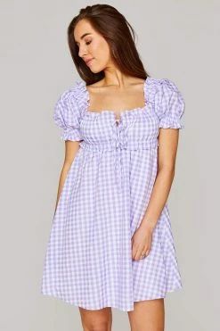 BuddyLove Jac Puff Sleeve Short Dress - Purple Plaid -US Skirt Sales Store CG4701JacPurplePlaidFrontClose
