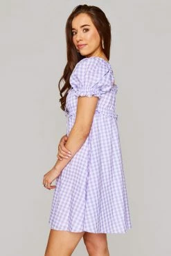 BuddyLove Jac Puff Sleeve Short Dress - Purple Plaid -US Skirt Sales Store CG4701JacPurplePlaidSideClose