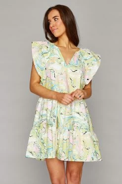 BuddyLove Ronnie Ruffle Sleeve Short Dress - Citron Marble -US Skirt Sales Store CG4730RonnieCitronMarbleFront2