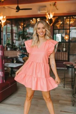 BuddyLove Ronnie Ruffle Sleeve Short Dress - Coral