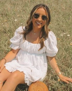 BuddyLove Valentina Puff Sleeve Babydoll Dress - White Eyelet -US Skirt Sales Store saramackinzie